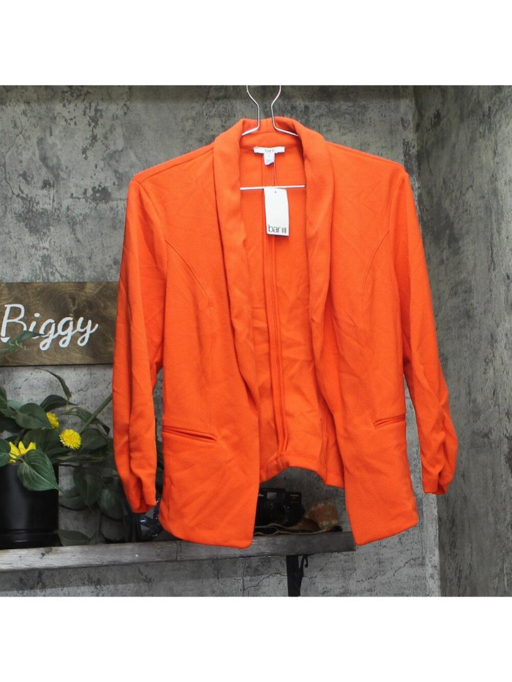 NWT Bar III Womens Crepe Ruched Sleeve Open Front Blazer Burnt Orange S